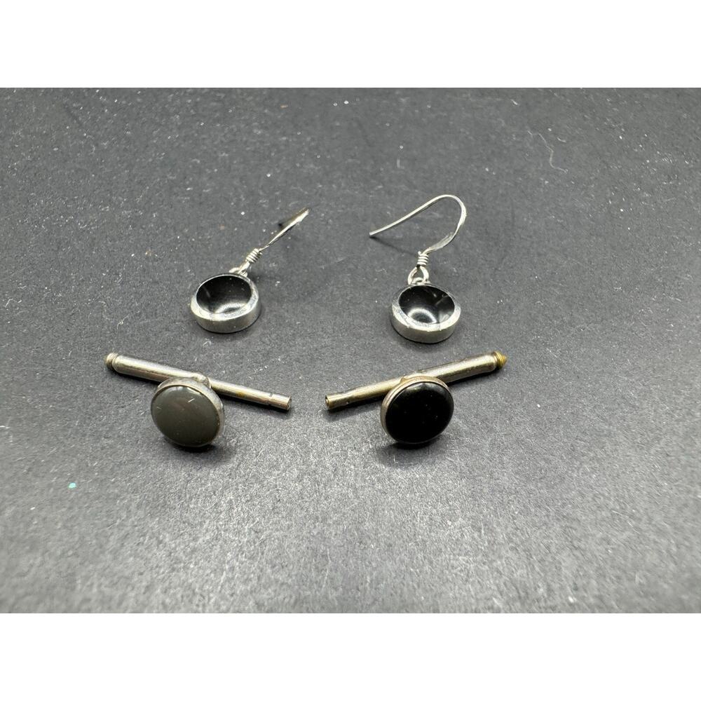 Vintage Black Onyx 925 Sterling Silver Dangle Earrings & Cufflinks Set